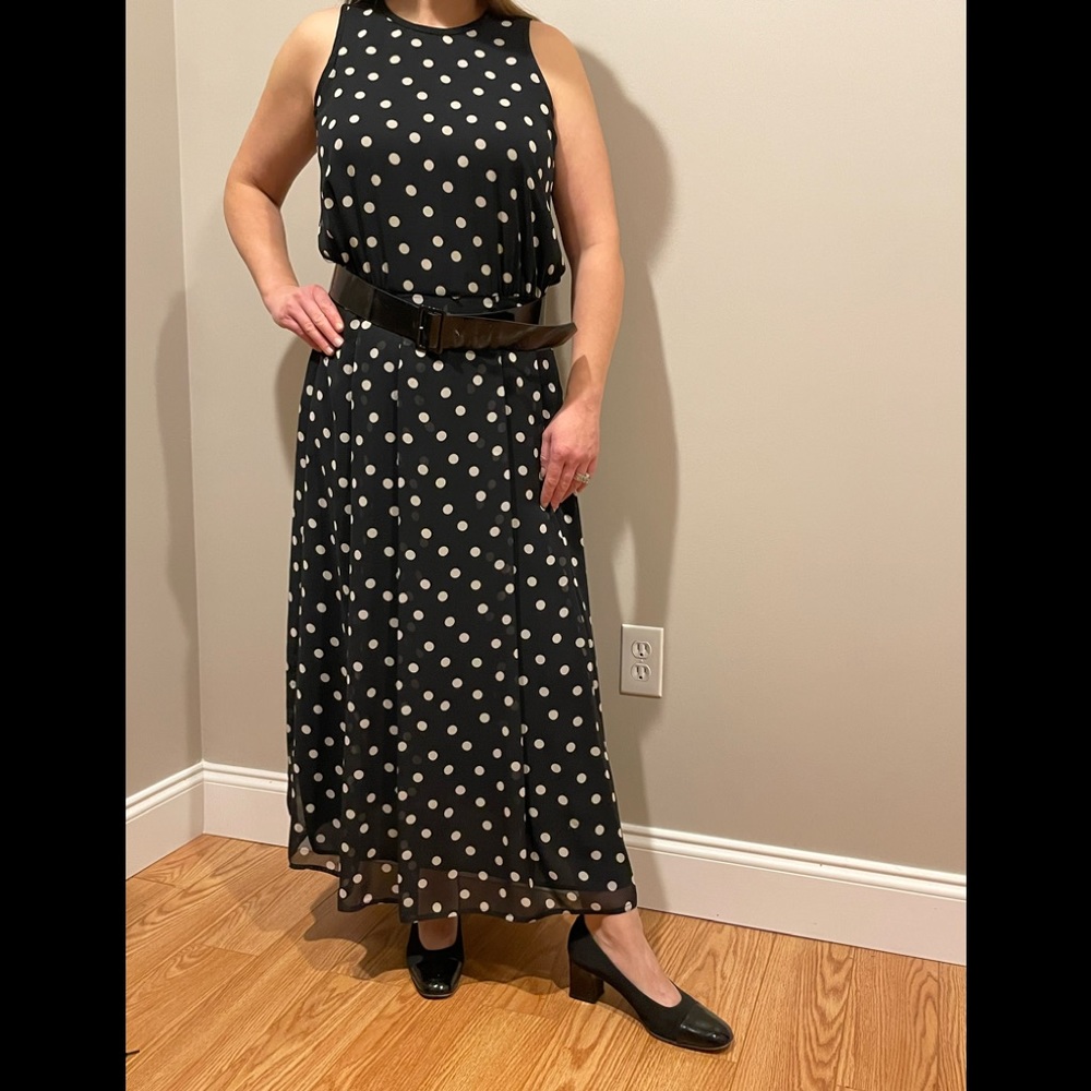 Vintage/Classic Ann Taylor T-length dress. Sheer polka dot with black liner.